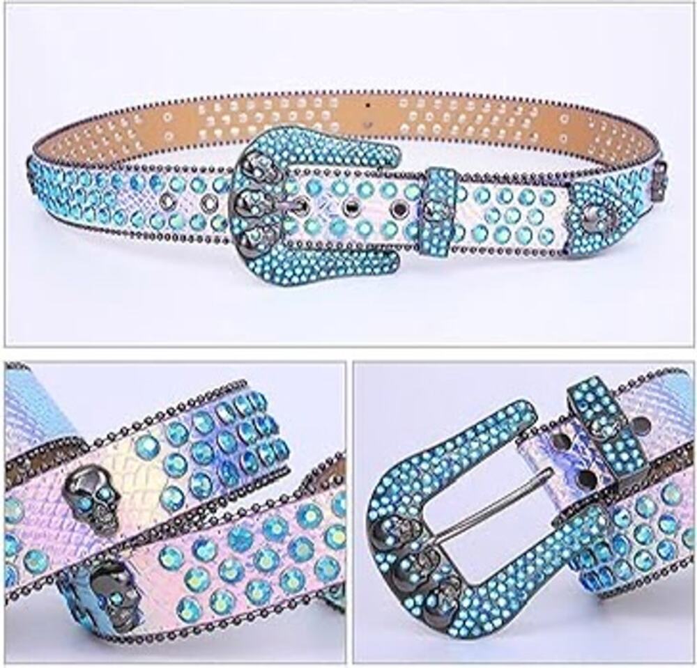 Rhinstone Faux Leather Head Skull Embellished Heavy Buckle Belt 45" Unbranded